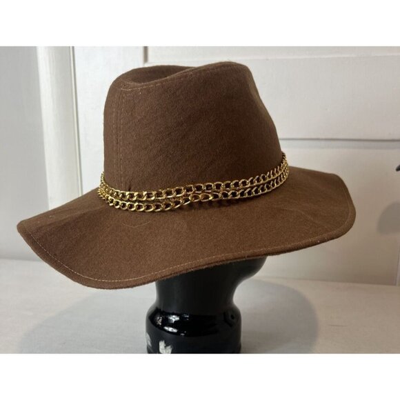 Guess Brown Wool Gold Chain Accent Floppy Brim - Picture 3 of 6